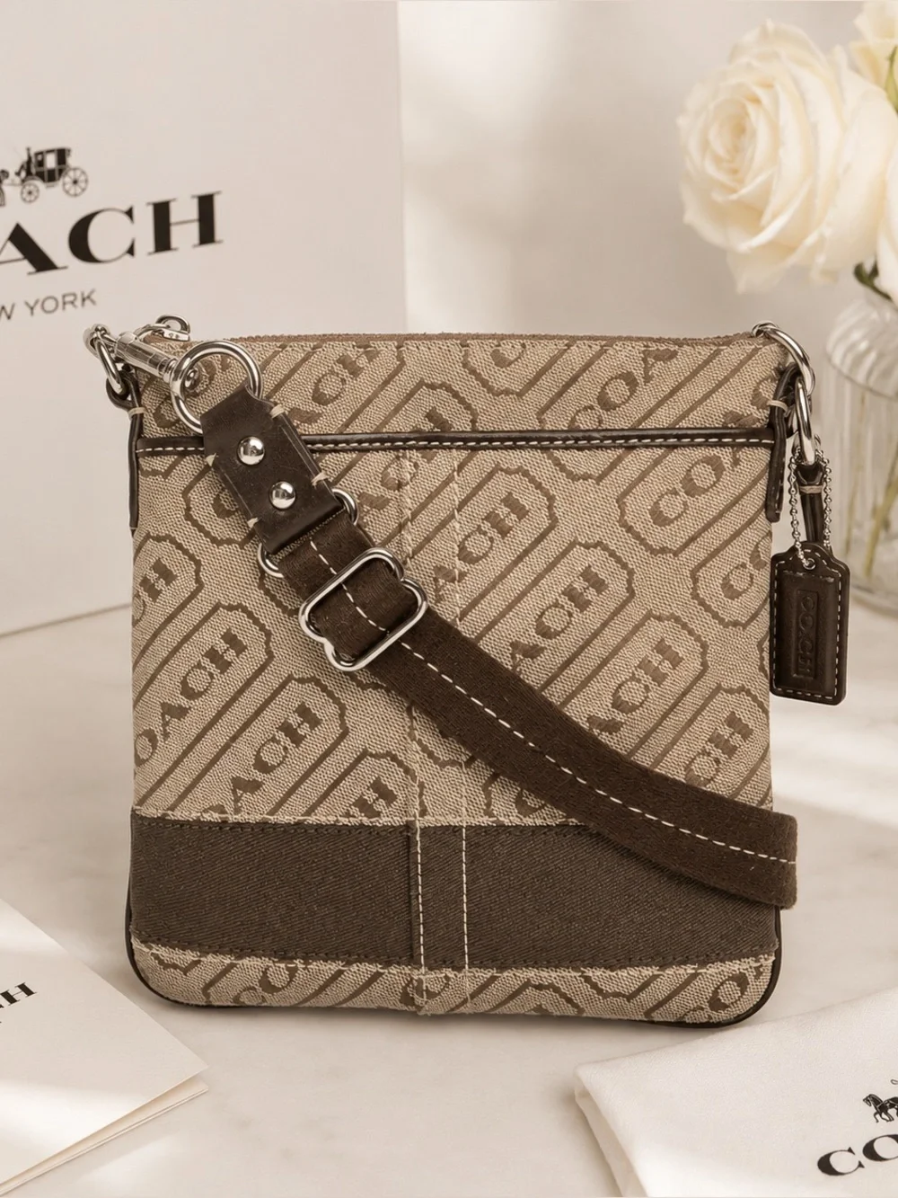Coach Signature Jacquard North South Swingpack Crossbody Bag Brown Tan